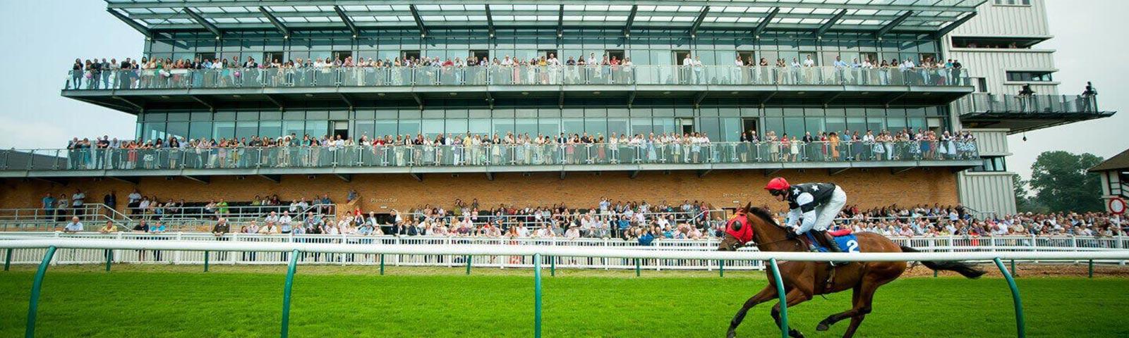 Jockey racing past the main grandstand at Fontwell Park.